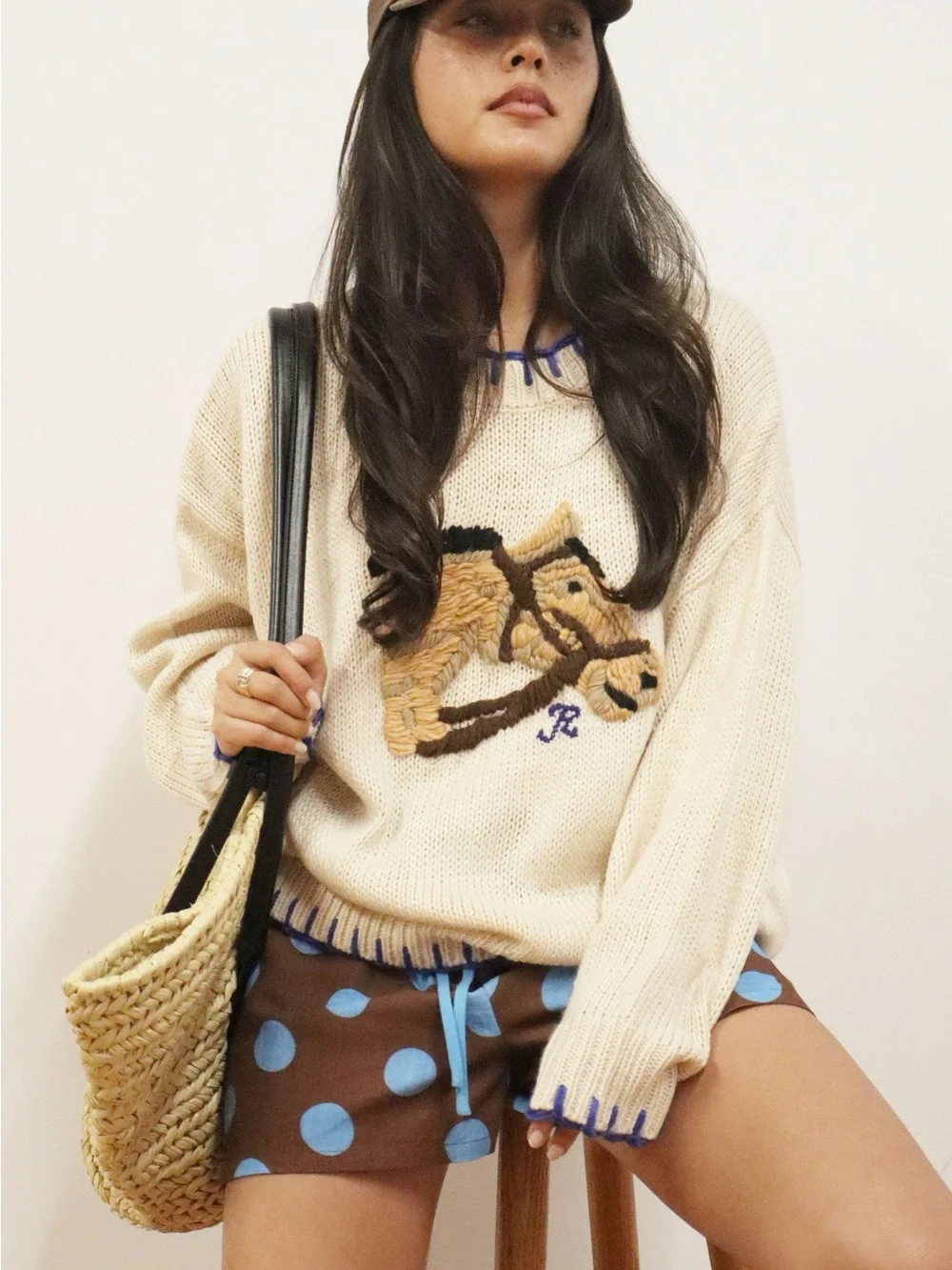 Bailey Rose Cream Knit Horse Stitching Sweater with Blue Trim S - Picture 1 of 3